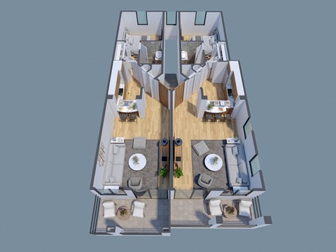 A 3D rendered image of a modern house interior.